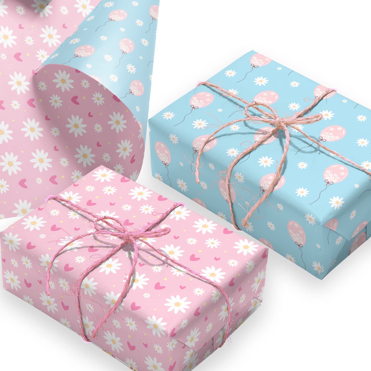 Wrapping Paper. 4 Large Sheets with Pink & Blue Chamomile Design. Recyclable Gift Wrap for any Occasion. Made in the UK by Ruby Ashley®