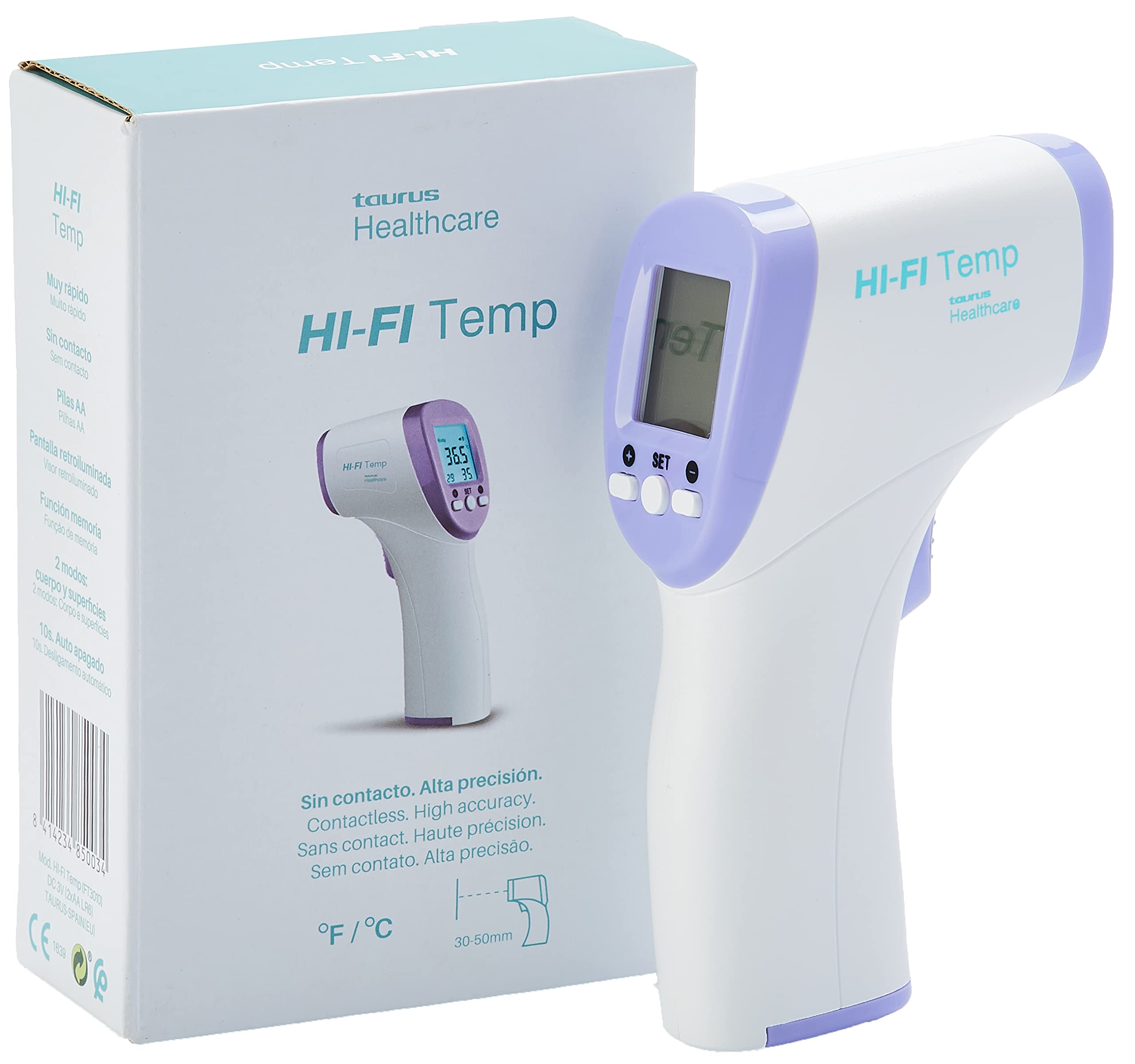 Taurus 985003000 – Taurus Healthcare HI-FI Temp Infrared Thermometer, Accurate Measurement, C and F, Non-Contact, Between 3-5 cm, Memory Function, Battery, Body and Surfaces