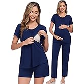 DIKFA Maternity Pajamas Set 3Pcs Double Layer Nursing Pjs with Pockets 3 in 1 for Pregnancy, Breastfeeding, Postpartum