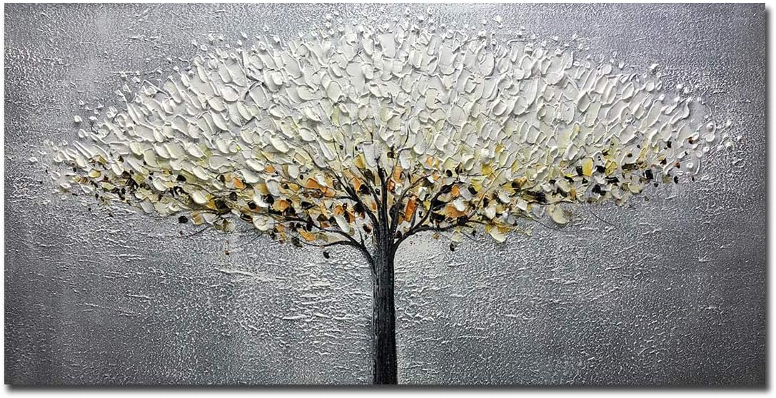 Paintings - Yotree Paintings, 24x48 Inch Paintings Oil Hand Painting Silver-gray Tree Painting 3D Hand-Painted On Canvas Abstract Artwork Art Wood Inside Framed Hanging Wall Decoration Abstract Painting