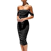 PRETTYGARDEN Summer Off The Shoulder Ruched Bodycon Dresses Sleeveless Sexy Party Club Midi Dress