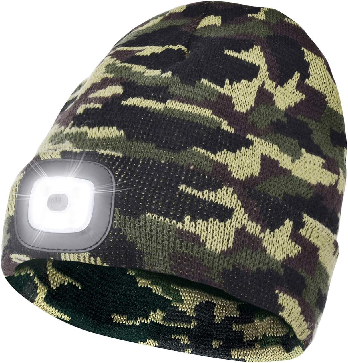 Unisex LED Beanie Hat with Light, USB Rechargeable Winter Knit Lighted Headlight Hats Headlamp Cap Gift for Men and Women (Camouflage Green)