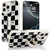 Jefonha Checkered Case for iPhone 16 Pro Max with Finger Strap Kickstand Cute Checkerboard Bow Phone Case for Women Girls, Full Camera Protection Shockproof Cover for 16 Pro Max 6.9 inch, White
