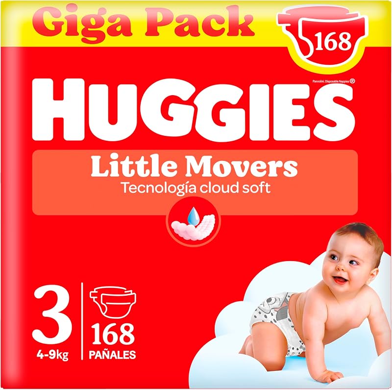 Little Movers Pañales para Bebé con Diseños Disney Talla 3 (4-9 kg), Comodidad para la Piel 24/7, 3 Packs de 56, Total 168 Pañales