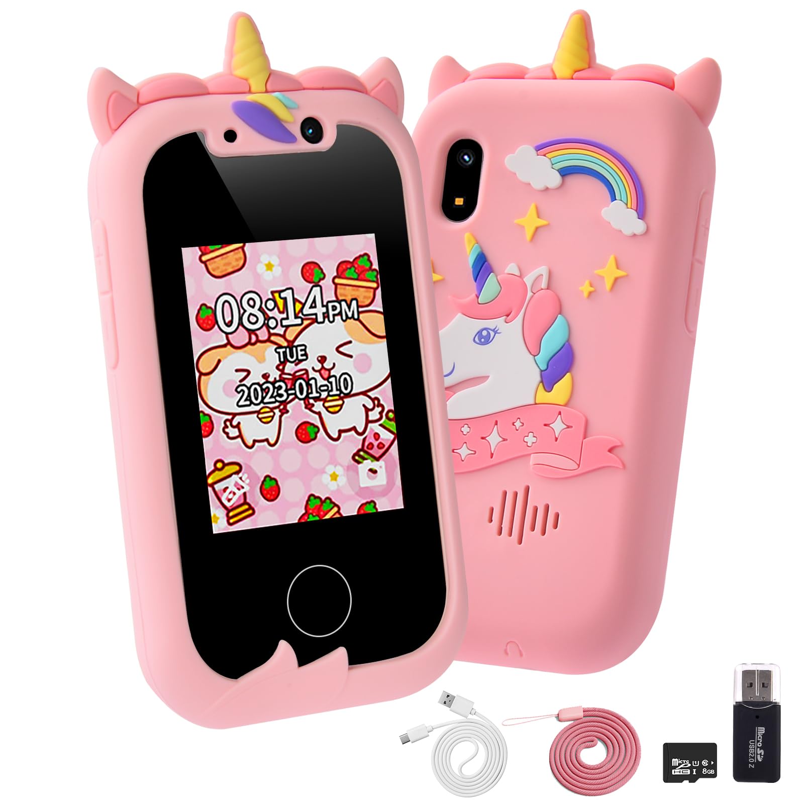 Ainiv Kid Smart Phone for Girls, Pink Unicorns Kids Toy Phone Gifts, Touchscreen Learning Education Phone with Dual Camera, Christmas Birthday Gifts for 3 4 5 6 7 8 9 Year Old Girls with 8GB SD Card