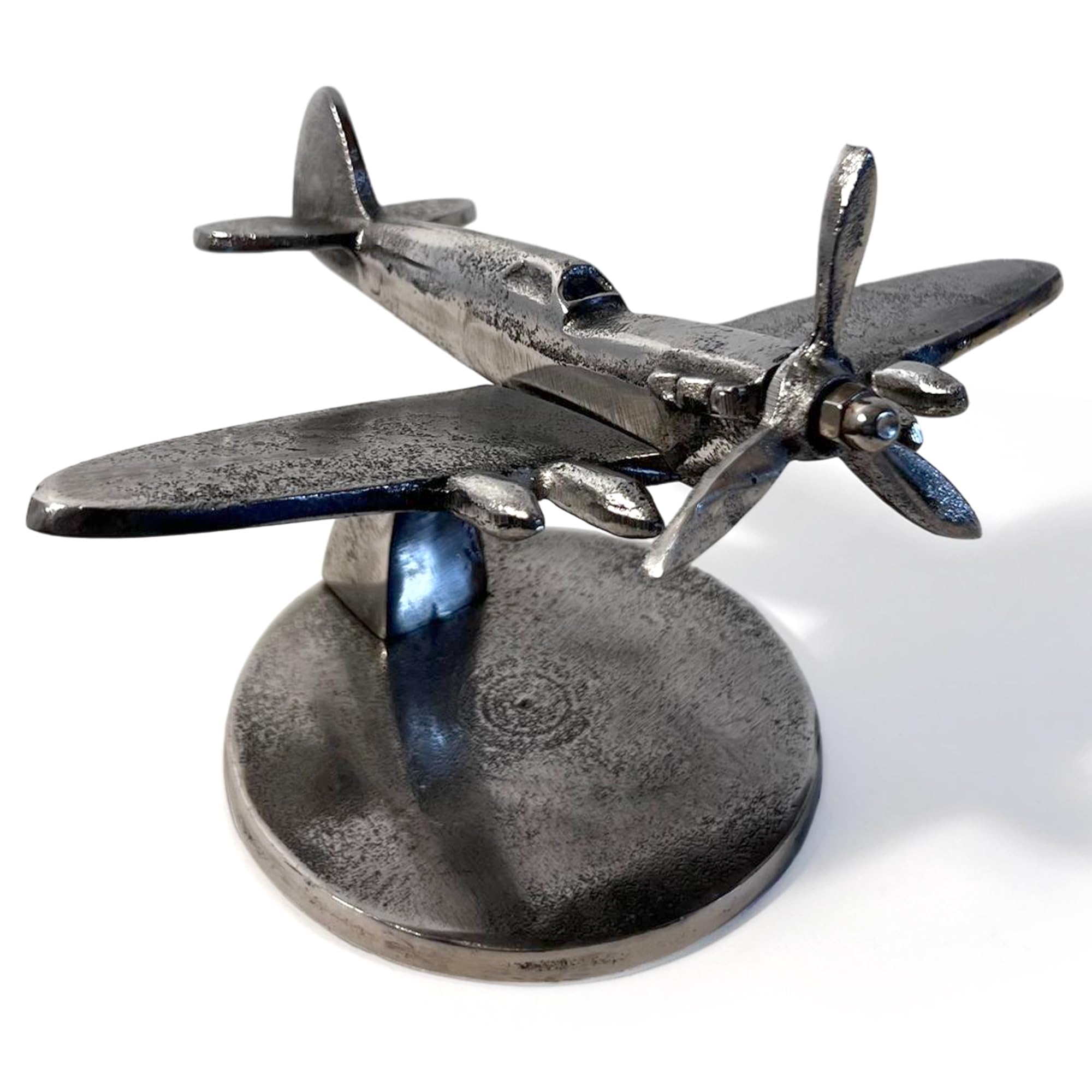 Distressed Silver Aluminum Spitfire Model Plane on Stand – Vintage Aircraft Decor Collectible
