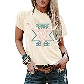 Western Shirts for Women Vintage Cow Skull Graphic Tshirts Casual Cowgirl Short Sleeve Tee Top