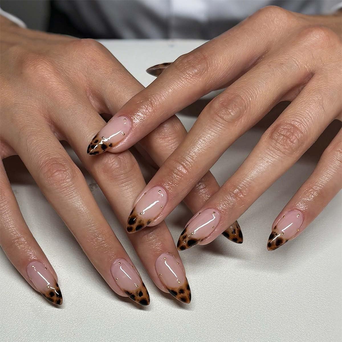 Photo 1 of 24Pcs French Tip Press on Nails Short LINMEIZAI with Leopard Design Fake Nails Press ons Nail Tips Glue on Nails Stick on Nails Acrylic Nail Kit False Nails Stickers Nail Art for Women Manicure