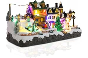 taman Christmas Village Houses - Musical Skiing Collectible Buildings with Rotating Xmas Tree Ornaments for Holiday Decorations