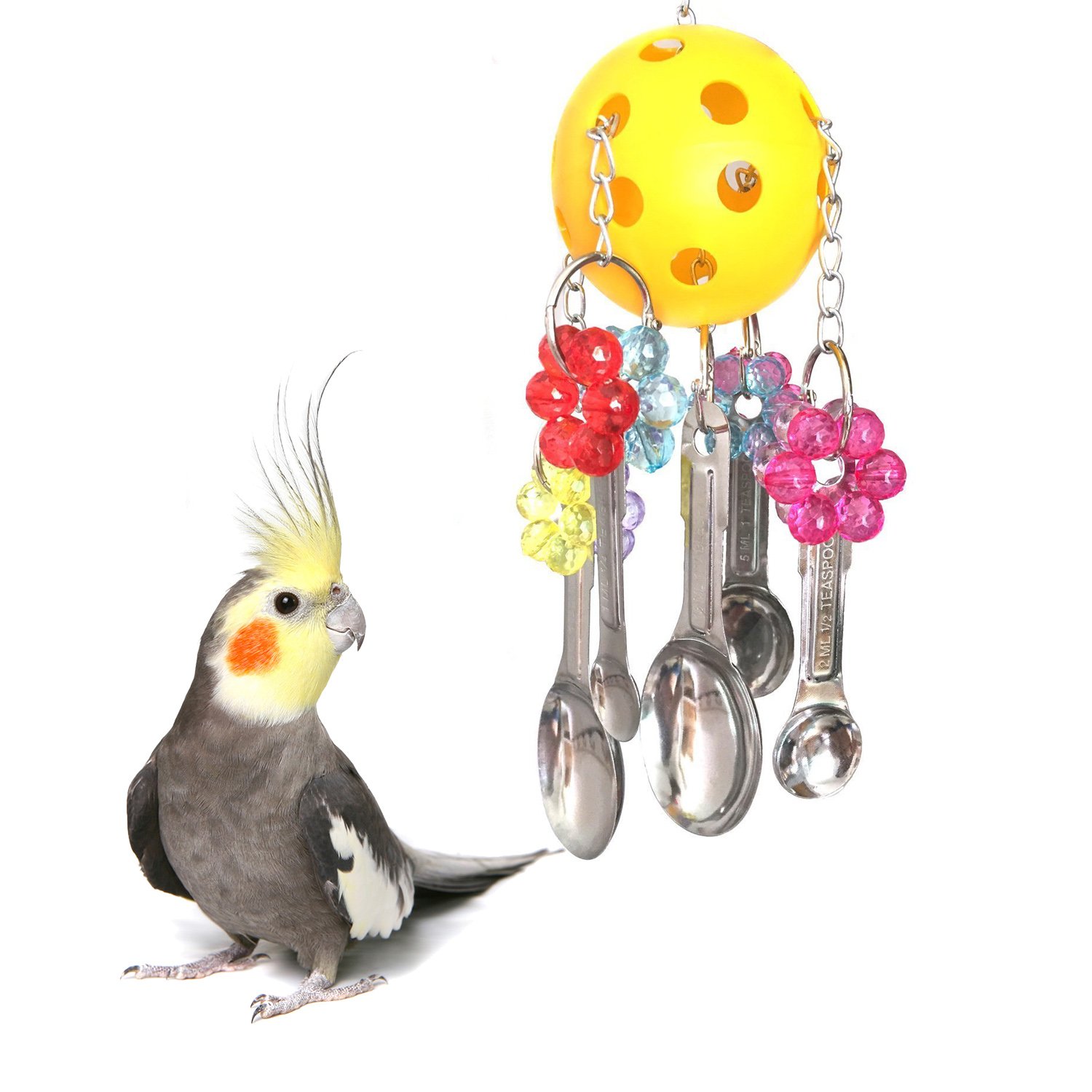 Sotoboo Ball Parrot Chew Toy with Stainless Steel Metal Spoons Boredom Breakers for Bird Macaw African Grey Eclectus Budgies Parakeet Cockatoo Cockatiel Conure Lovebird Canary Cage