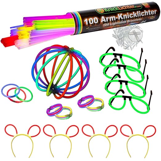 Knicklichter Party Set - 100 knallbunte Premium Armbänder + Brillen Set + Bunny Ohren + extra lange biegsame TopFlex Verbinde