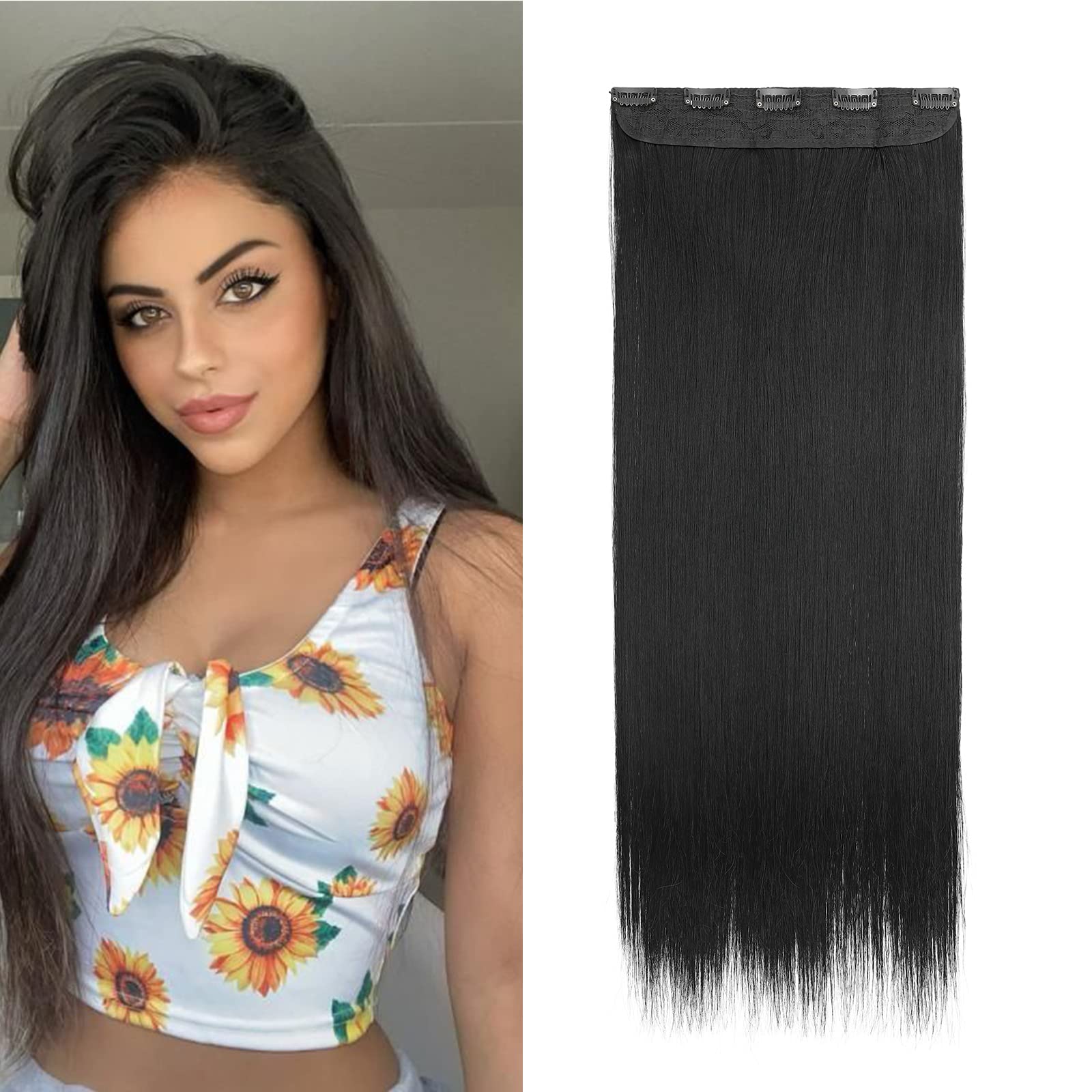 26 Inch One Piece 5 Clips Matte Material Hair Extension Straight Clip In Hairpiece Synthetic For Women Beauty, Dark Black
