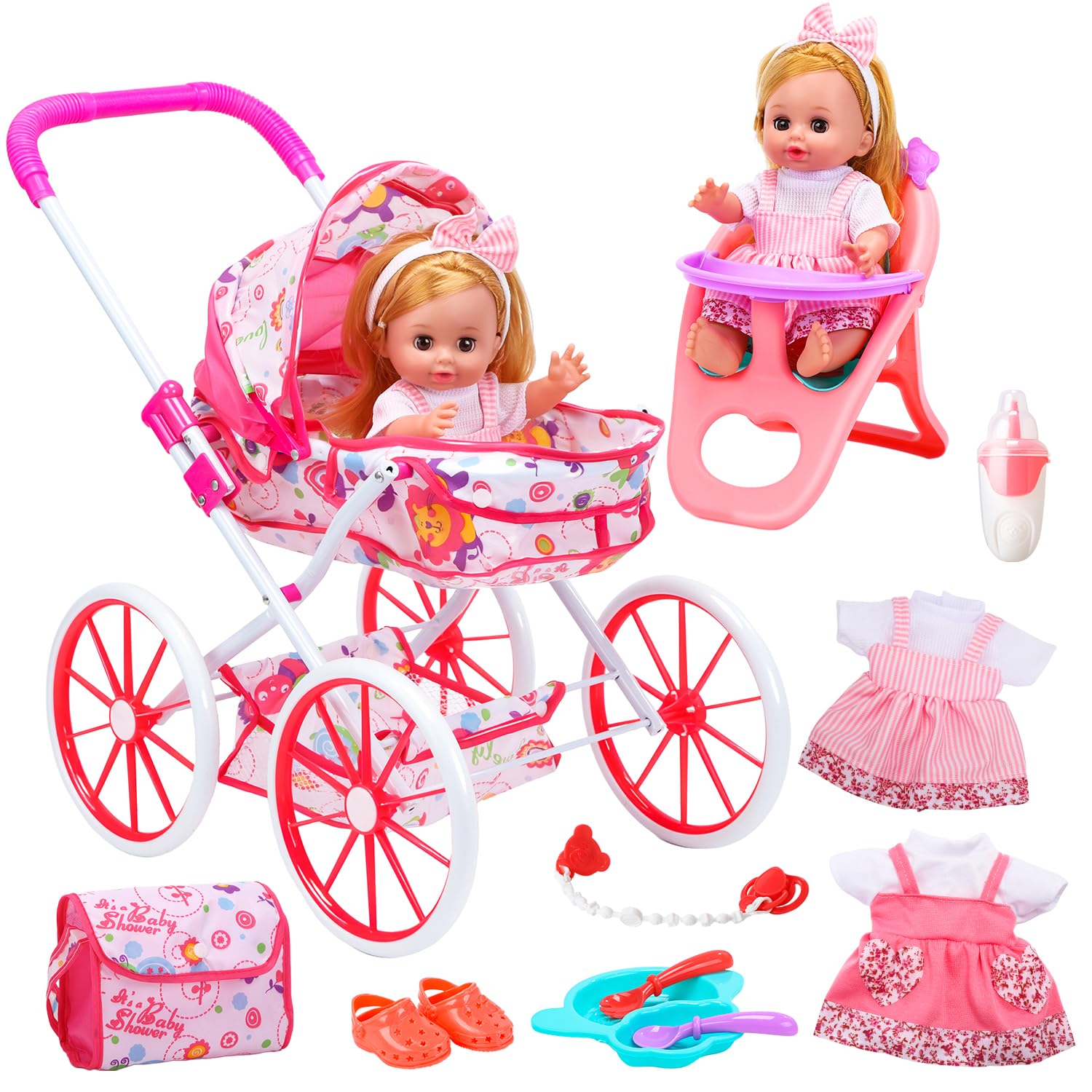 Photo 1 of *MISSING PARTS*
CUTE STONE Baby Doll Playset with Stroller for Girls – Pretend Play Baby Care Toy with High Chair, Clothes & Accessories