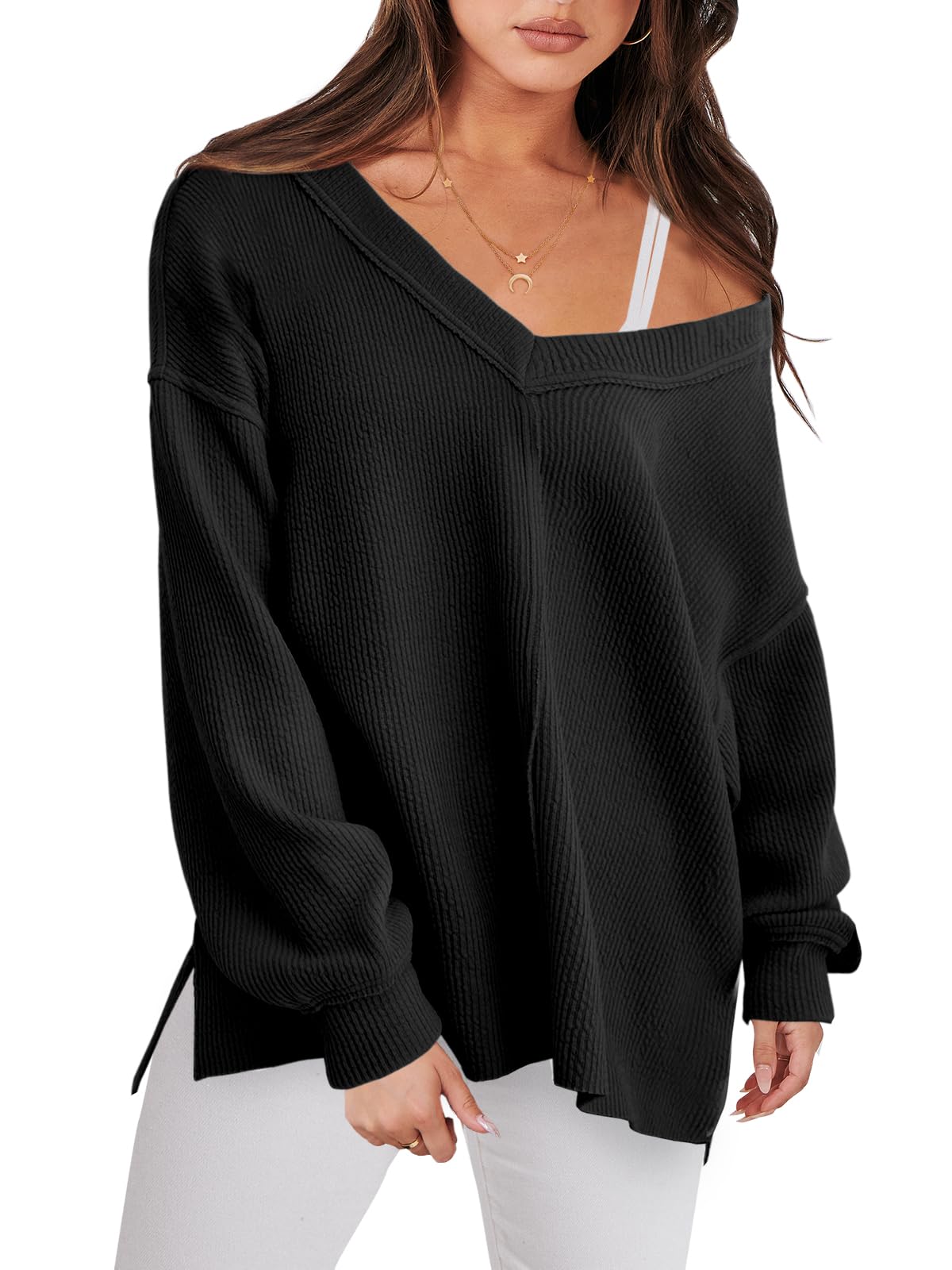 ANRABESS Oversized Long Sleeve Shirts for Women Off the Shoulder Sweatshirt Loose V Neck Tunic Tops High Low Sweater 2024