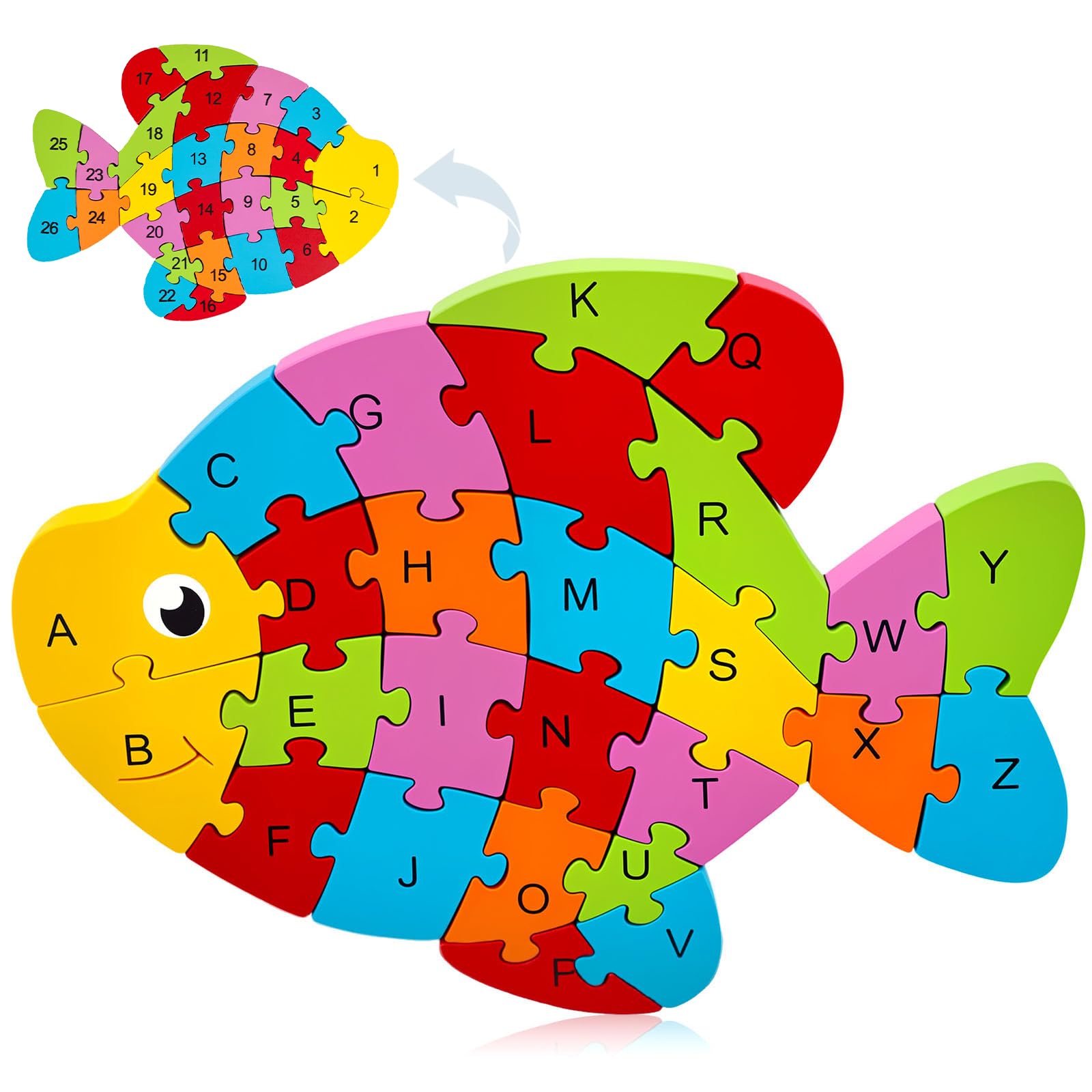 LovesTown Wooden Puzzles for Kids, Double Sided Goldfish Jigsaw with Alphabet & Numbers, Montessori Educational Toy for Toddlers, Chunky Animal Gift
