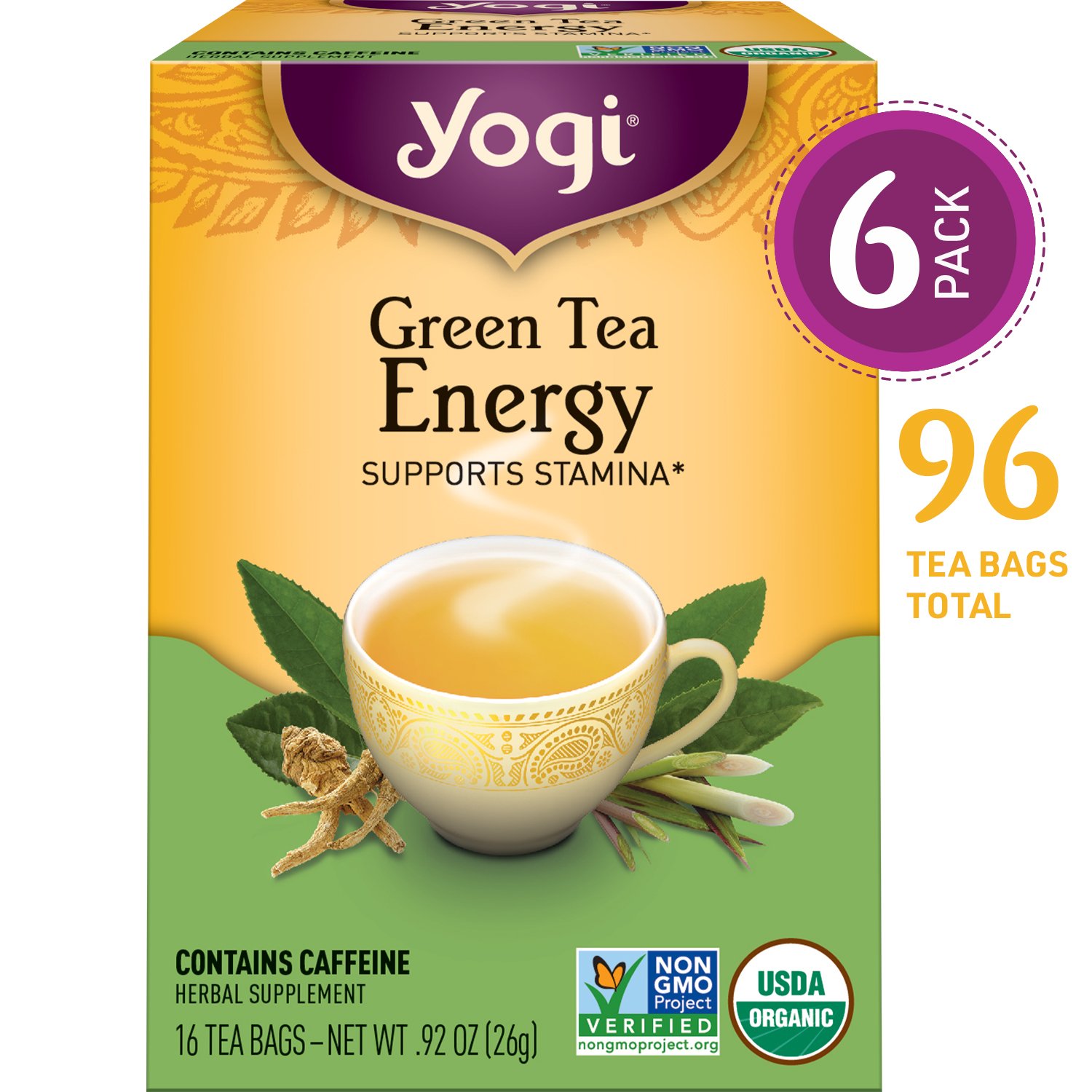 Yogi Tea Green Tea Energy Supports Stamina 6 Pack, 96 Tea Bags