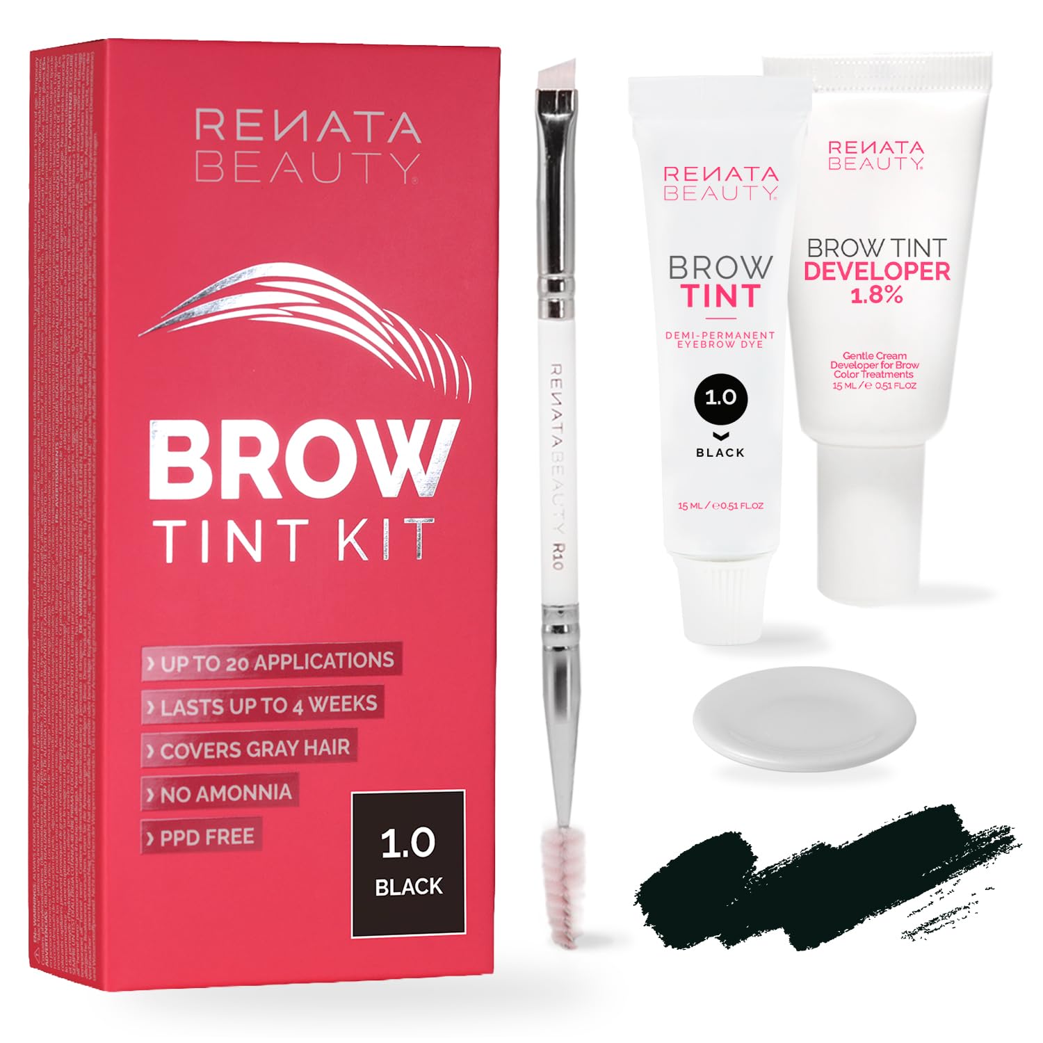 Renata Beauty Brow Tint Kit – Eyebrow Tint Set – Dye Kit with Color Tint, Cream Developer and Styling Brush – Long-Lasting Effect Up to 4 Weeks – 30 Applications [Black]