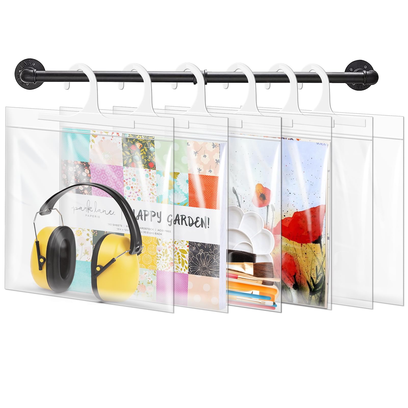Photo 1 of 12x12-inch Hanging Storage Bags, Headphone Storage Bags, 12x12 Scrapbook Paper Organizer, Large Hook Clear Plastic Bags for Classroom, Library, and Pharmacy Use-24 Pack