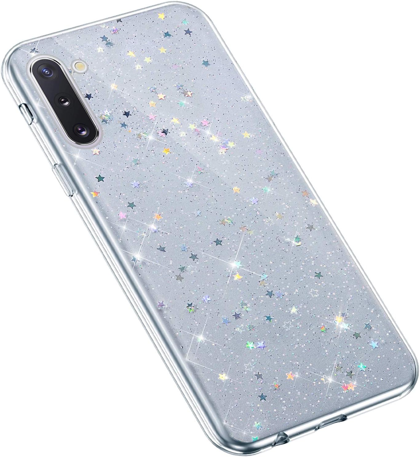 Uposao Compatible with Samsung Galaxy Note 10 Glitter Case Cute Girly Women Shiny Bling Stars Diamond 3D Design Crystal Clear Soft TPU Silicone Case Anti-Scratch Protective Cover,Silver