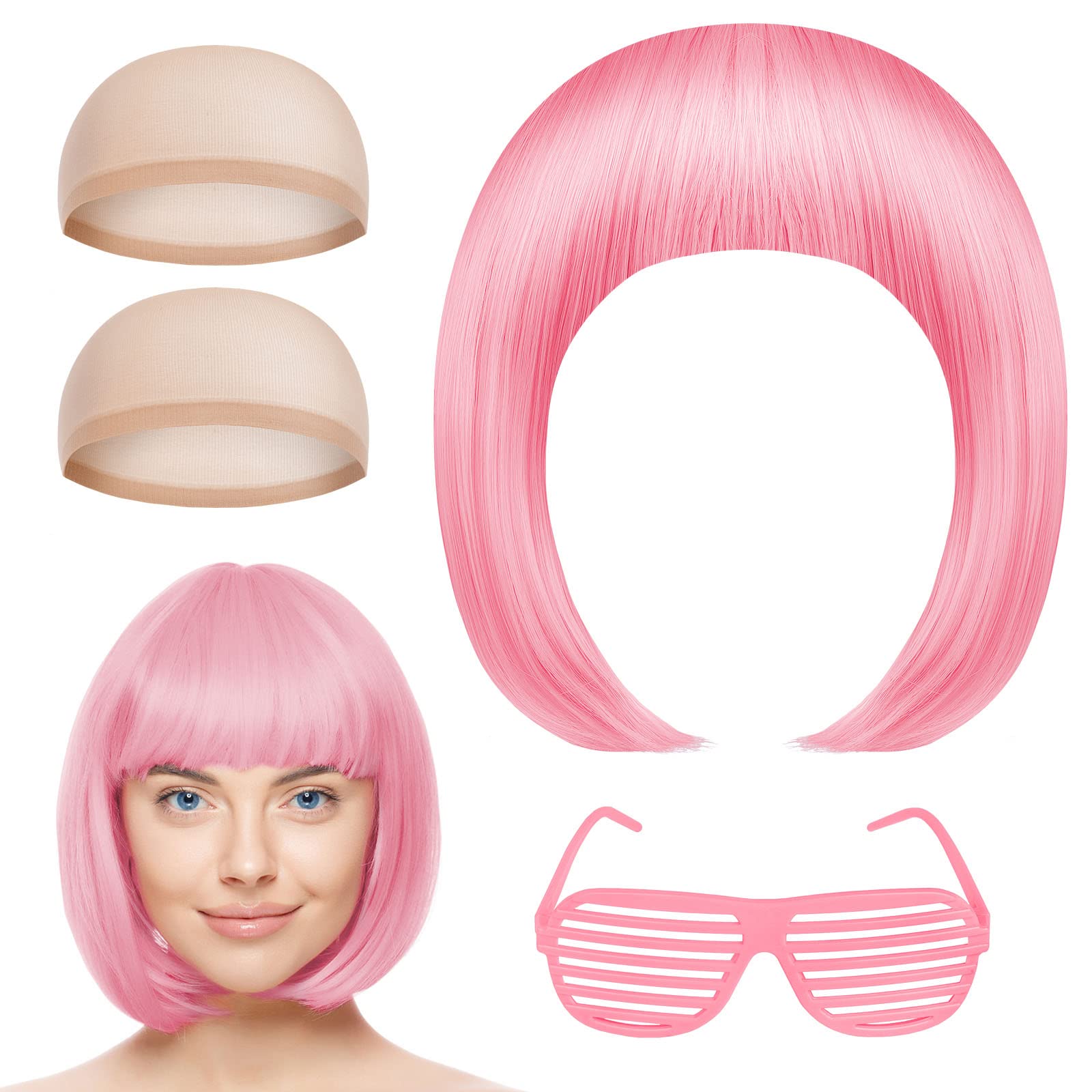 AOMIG Short Bob Wig for Women, 4 Pack Pink Set With Sunglass and Cap, Neon Fancy Dress Accessory Cosplay Party With Bangs, Synthetic Straight for Daily Halloween Decorations — image 1