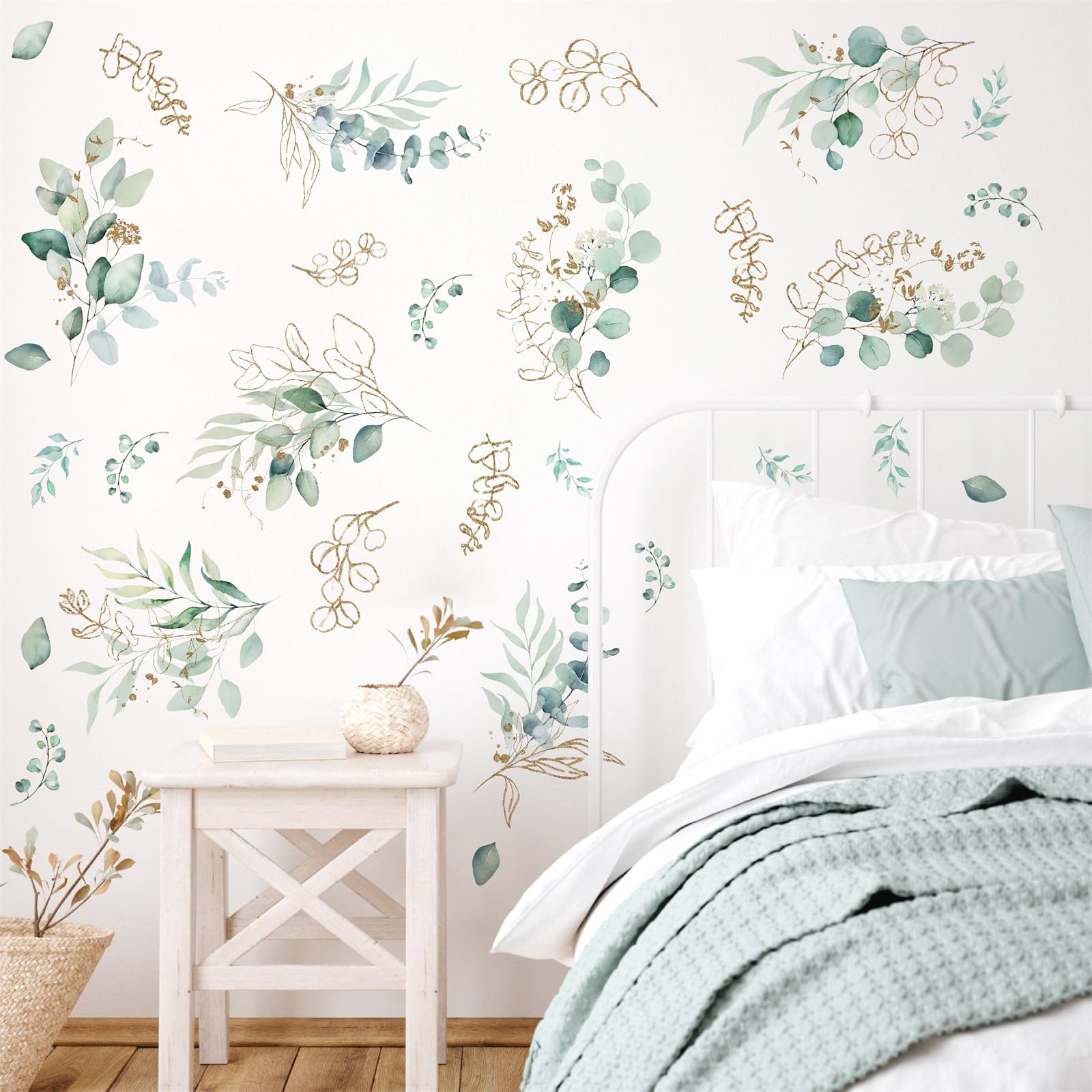 Watercolor Leaves Wall Stickers Green Leaf Wall Decals Living Room Decor Modern Hanging Vine Wall Decals Botanical Plant Wall Art Sticker Eucalyptus Leaf Wallpaper for Bedroom Kitchen Kids Room Decor — image 1