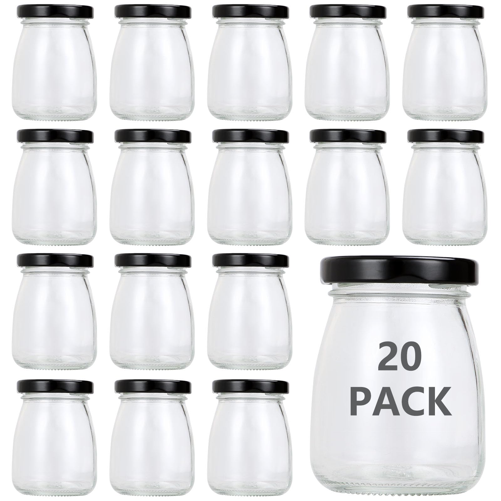 SENENQU 20 Pack 100ml/3.5oz Glass Jars with Black Lids, Mini Bottles and Cups for Pudding, Yogurt, Jam, Honey, Jelly, Mousse, Spice