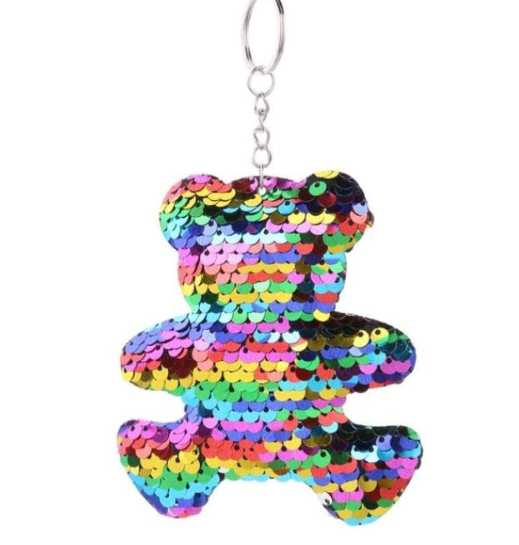 Teddy Bear Keyring, Rainbow Sequin Sparkly Keychain, Luggage, Bag Accessory