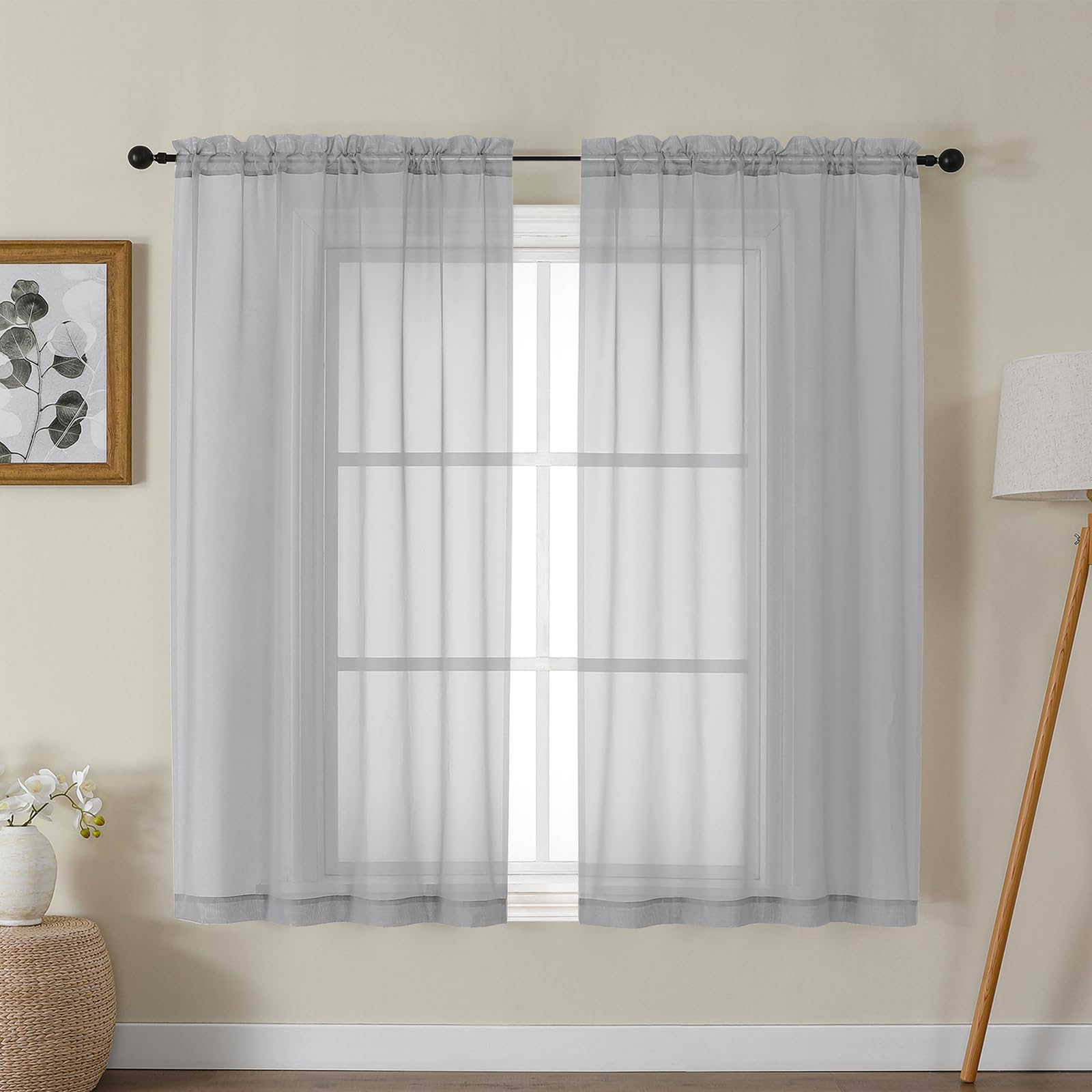 Gwine Light Grey Sheer Curtains for Bedroom 54 inches Long 2 Panels, Light Filtering Voile Rod Pocket Curtains, Airy Transparent Sheer Drapes for Living Room, Each 42" Wx54 L