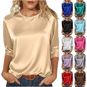 3/4 Sleeve Tops for Women Summer Satin Silk Shirts Business Casual Tops | Satin Silk Tops 3/4 Sleeve Tops for Women U Neck Sh