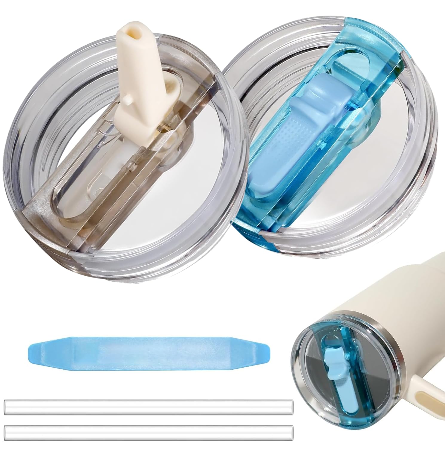 View 1 of 2 Pack 30 oz Tumbler Flip Straw Lid for Stanley Quencher ProTour Leak Proof Lid Replacement for Stanley H2.0 Quencher, Spill Proof Reusable Lid for Stanley Cup Accessories (Cream & Blue, 30 oz)