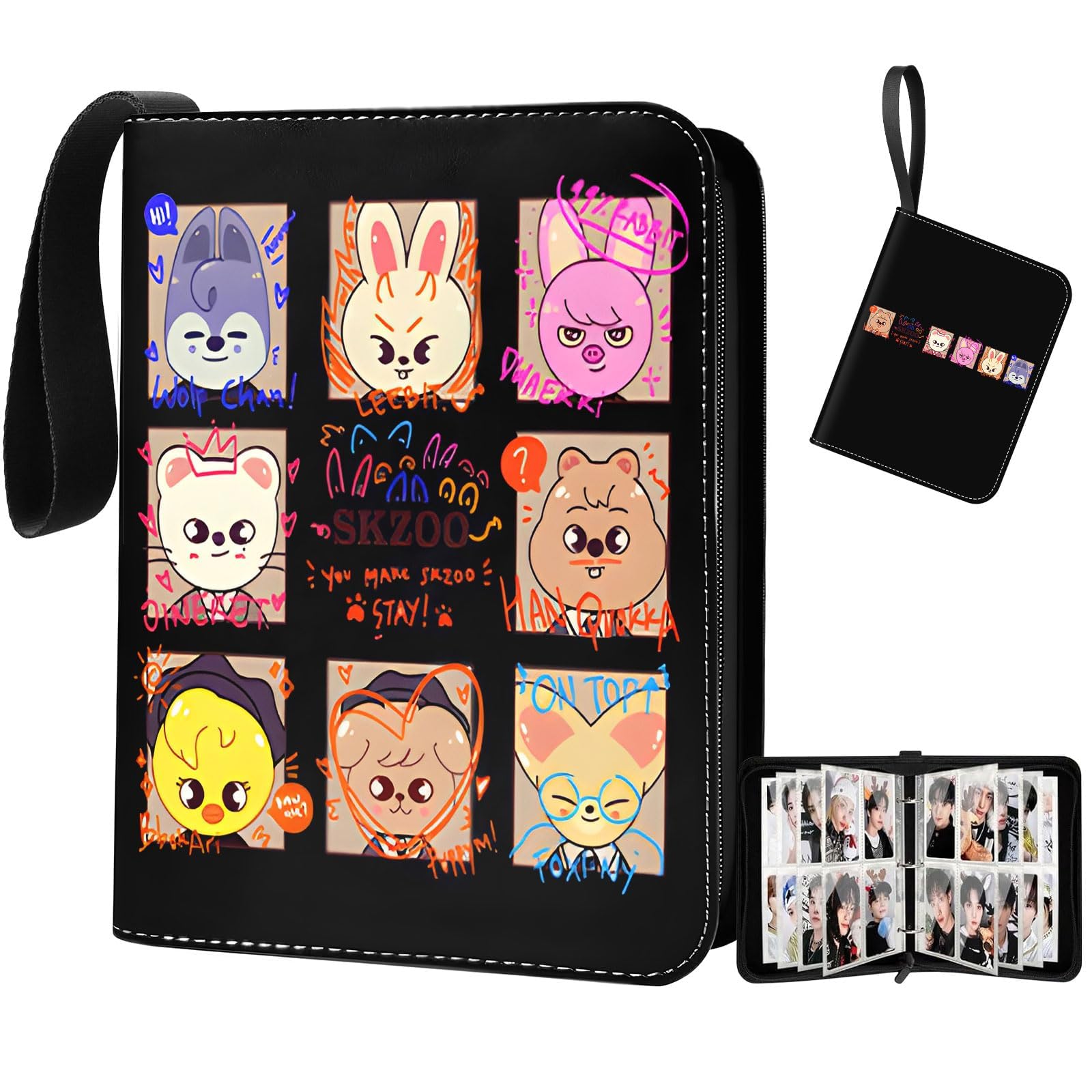 Stray Kids Photocard Binder 400 Pockets, 3 Ring Kpop Binder with 4 Pockets, Total 50 Pages, Cute Cartoon Card Collector, Idol Photo Album for Kpop Fans, Boys and Girls, Black