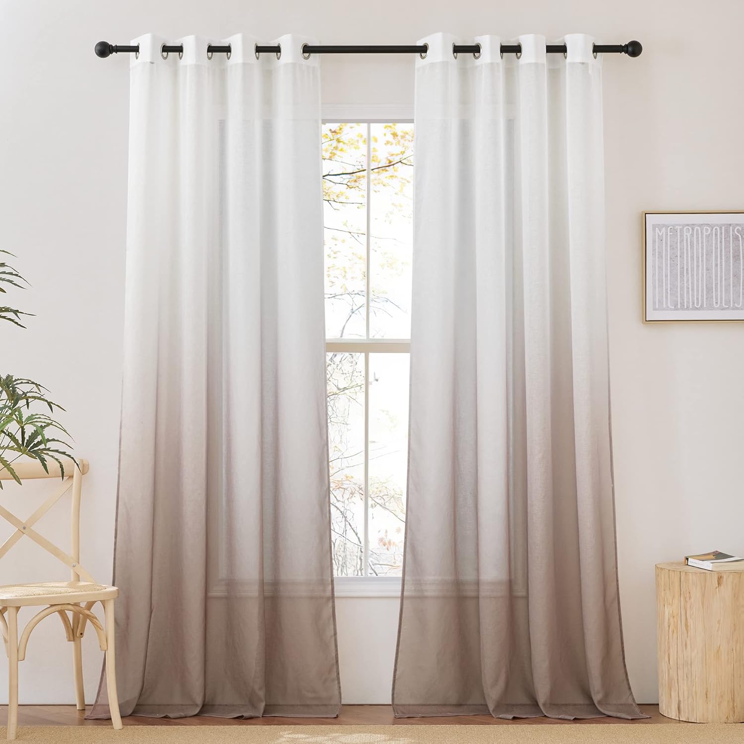 Outdoor Curtains - NICETOWN 2 Panels Faux Linen Sheer Ombre Curtains Waterproof, Rustproof Gromme Indoor Outdoor Color Gradient Light Filtering Drapes for Kids Room, Taupe, W54 x L108