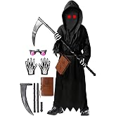 Oskiner Grim Reaper Costume for Kids,Scary Halloween Costume for Boys Girls | 6 Pcs Kids Grim Reaper Costume with Glowing Red Eyes,Hood,Scythe,Skeleton Gloves,Notebook for Spooky Boys Halloween Costume
