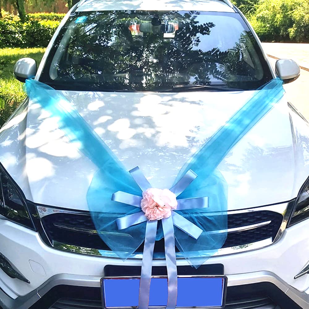 Organza Car Jewellery Bridal Couple Wedding Car Bow Large Tulle Bow Giant Bow Decorative Bow for Car Decoration Wedding New Houses Party Celebration Valentine's Day Bridal Car Decoration Blue A