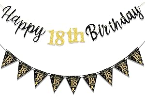 MAGLAUG 18th Birthday Decorations Banner Boys Girls, Black Gold Happy 18thBirthday Banners for Girls Boys (Birthday 18th)