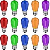 VISTERLITE S14 Colored LED String Light Bulbs, 15 Pack 1 Watt Plastic Shatterproof LED Replacement Bulbs for Indoor Outdoor String Light, E26 Medium Base, Multi-Color: Red/Green/Blue/Purple/Orange