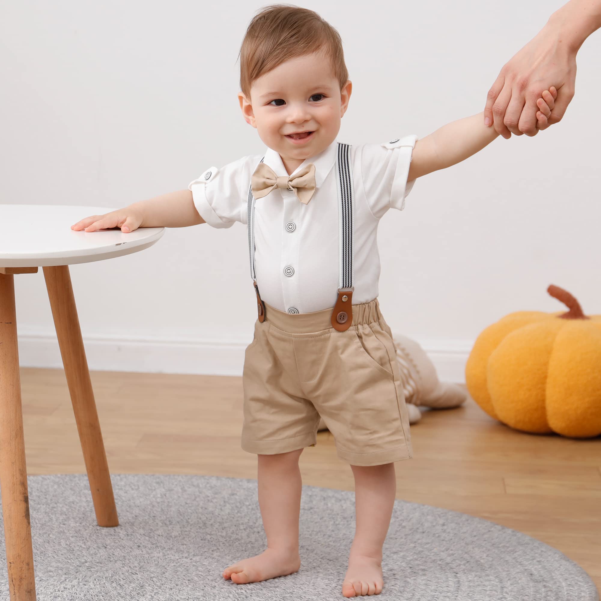 DISAUR Baby Boy Clothes Suits,Infant Gentleman Outfits Short Sleeves Romper +BowTie + Suspender Pants Wedding Set 0-18 Months
