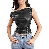 MakeMeChic Women's Faux Leather One Shoulder Top Ruched Y2k Tank Crop Shirt
