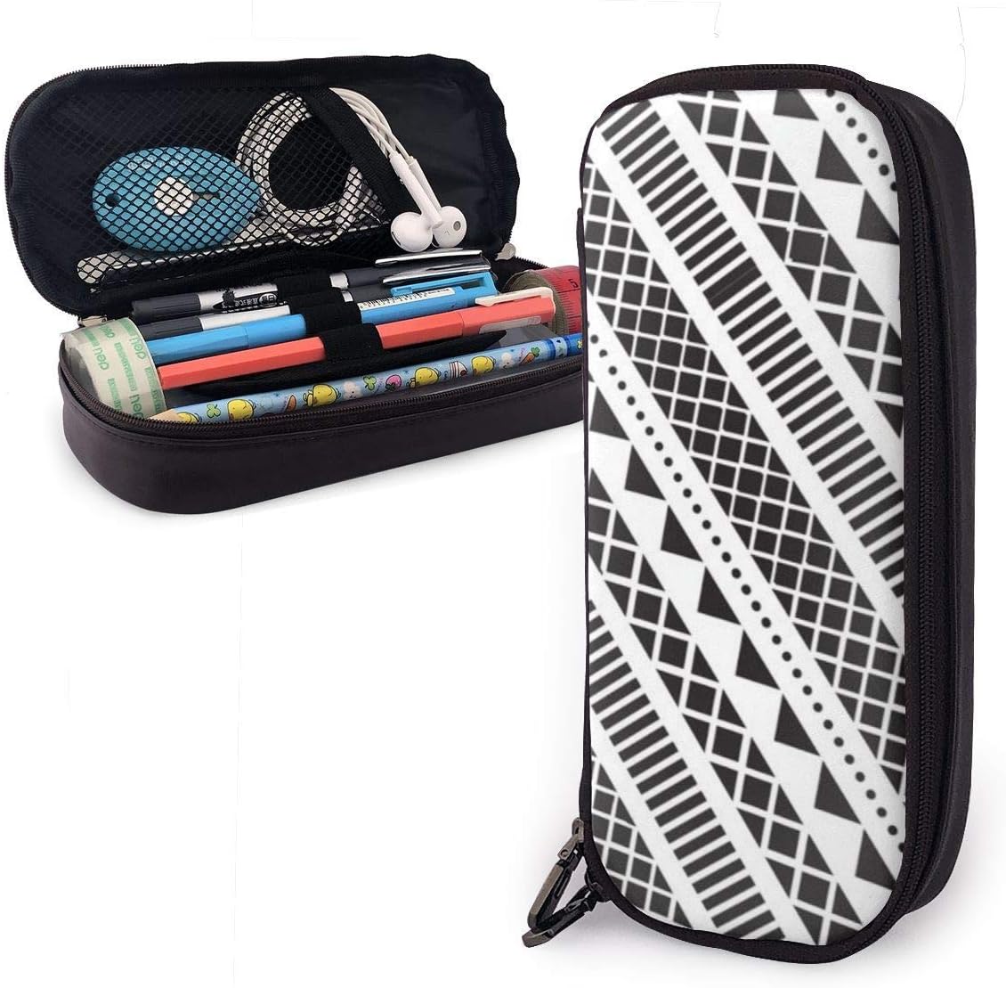 shenguang White Black Geometric Pattern Cute Pencil Case Leather 8 X 3.