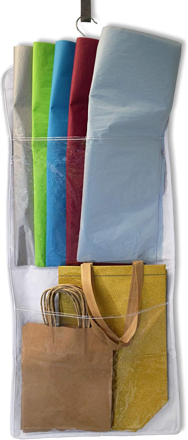 Gift Wrap Organizer, Hanging Wrapping Paper Storage, Double Sided with Hook for Over Door, Tissue Paper & Gift Bag Holder with Zippered Pockets and Multiple Compartments, Clear Vinyl - 16x37: Kitchen & Dining