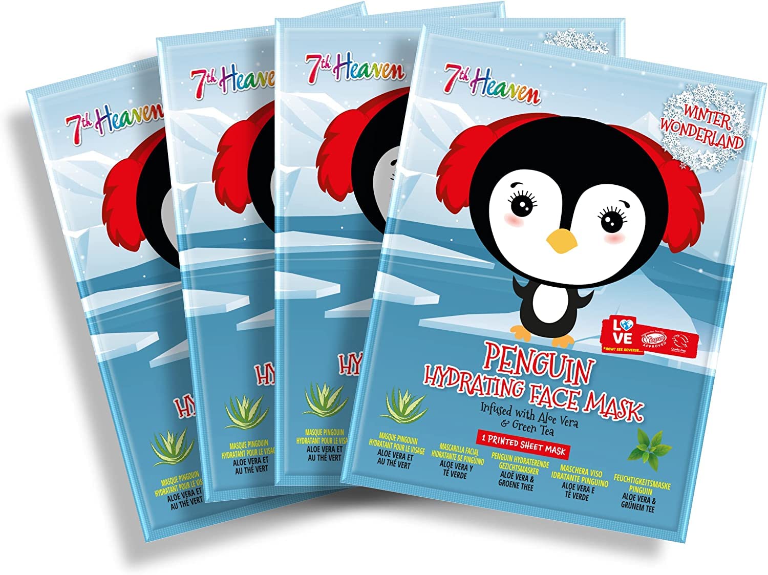 7th Heaven Winter Wonderland Penguin Face Mask Gift Set (4 Childrens Face Masks) For Sensitive Skin, For Children Age 8+, Cruelty Free Sheet Masks - Genuine 7th Heaven Skincare