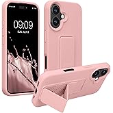 kwmobile Case Compatible with Apple iPhone 16 - Case with Hand Strap and Stand Soft TPU Silicone Coating - Dusty Pink