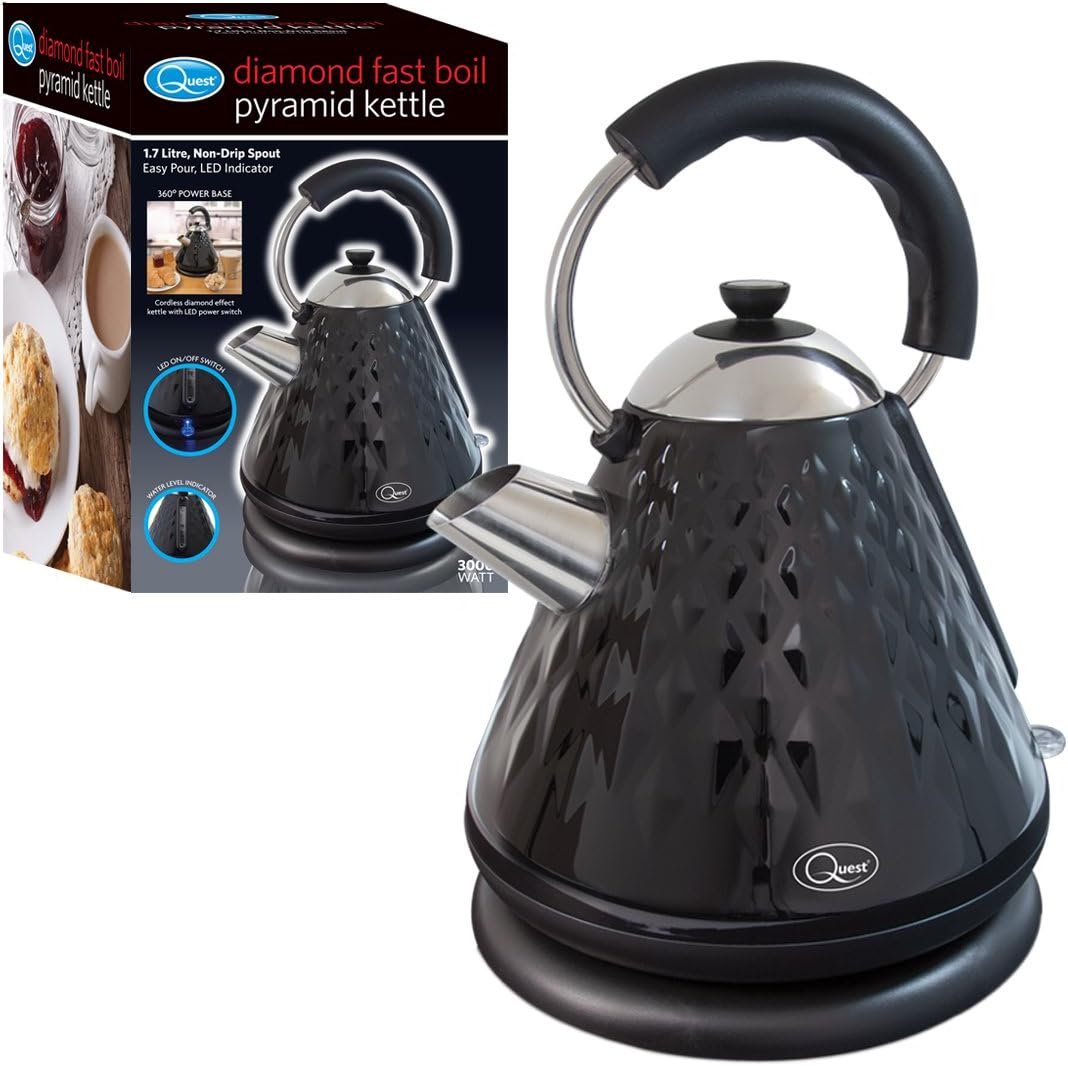 Quest 34560 Fast Boil Diamond Cut Pyramid Shape Cordless Kettle, 3000 W, 1.7 Litres, Black