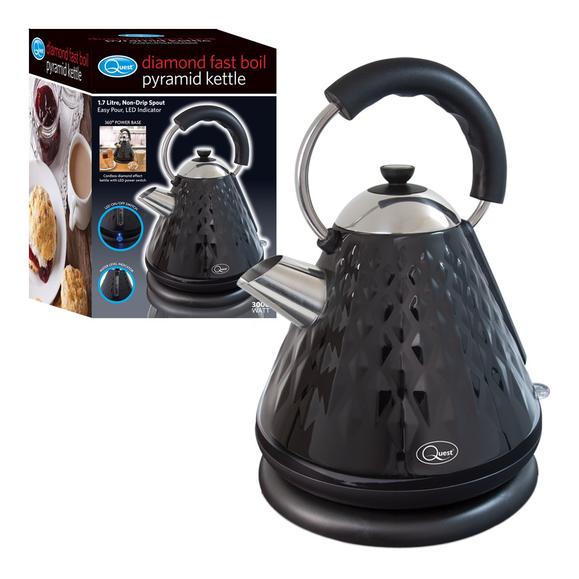Quest 34560 Fast Boil Diamond Cut Pyramid Shape Cordless Kettle, 3000 W, 1.7 Litres, Black