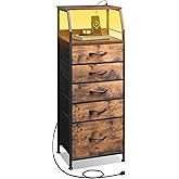 WLIVE LED Nightstand with Charging Station, Fabric Dresser with 5 Drawers for Bedroom, Tall Night Stand with Open Shelves, Bed Side Tables Living Room, Rustic Brown
