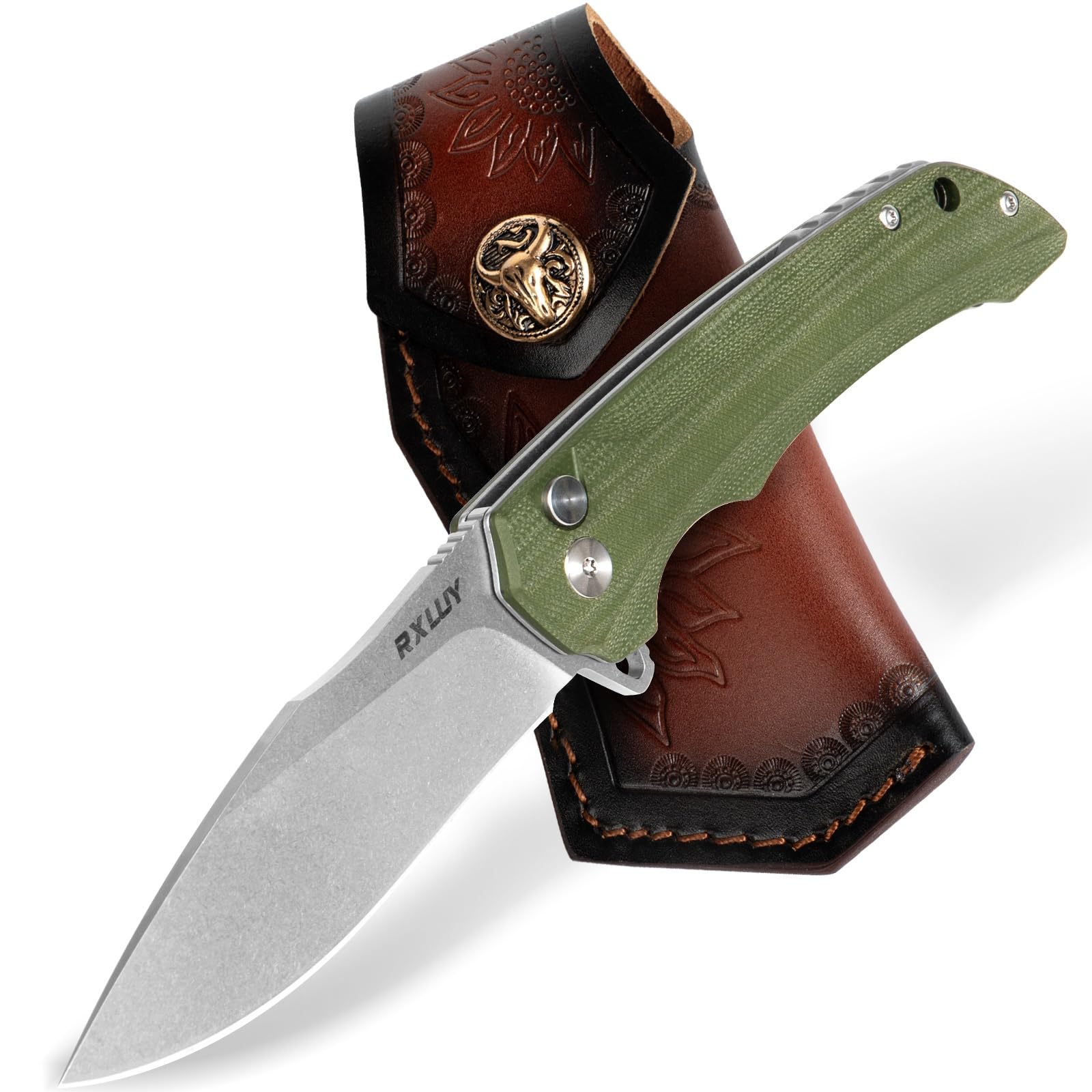 RXLUY Folding Pocket Knife with Leather Sheath, 3.47