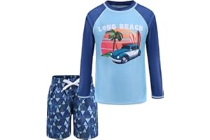 AISYEE Boys Two Piece Rash Guard Swimsuits Set with Swim Trunk Kids Long Sleeve Bathing Suit Swimwear Set