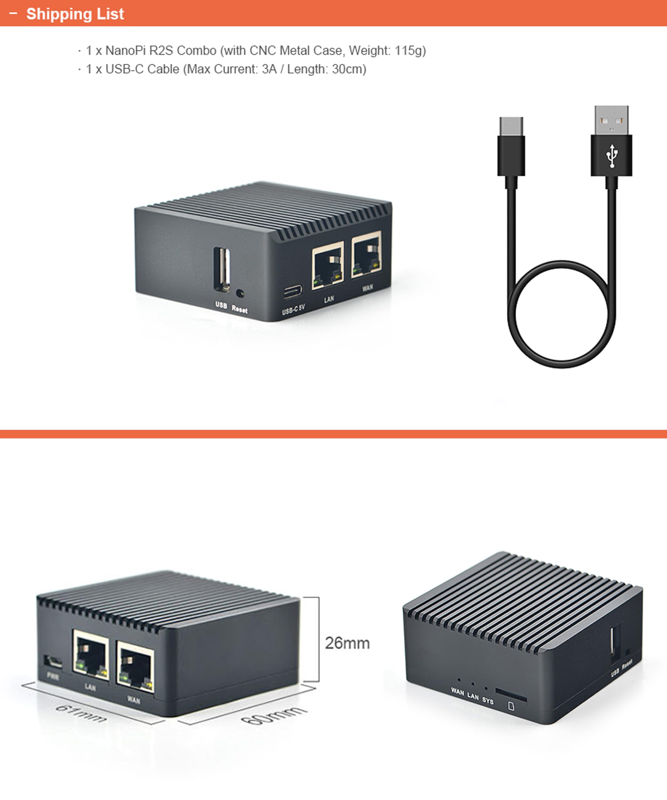 NanoPi R2S Open Source Mini Router with Dual-Gbps Ethernet Ports 1GB DDR4 Based in RK3328 Soc for IOT NAS Smart Home Gateway, Bundle with CNC Metal Case