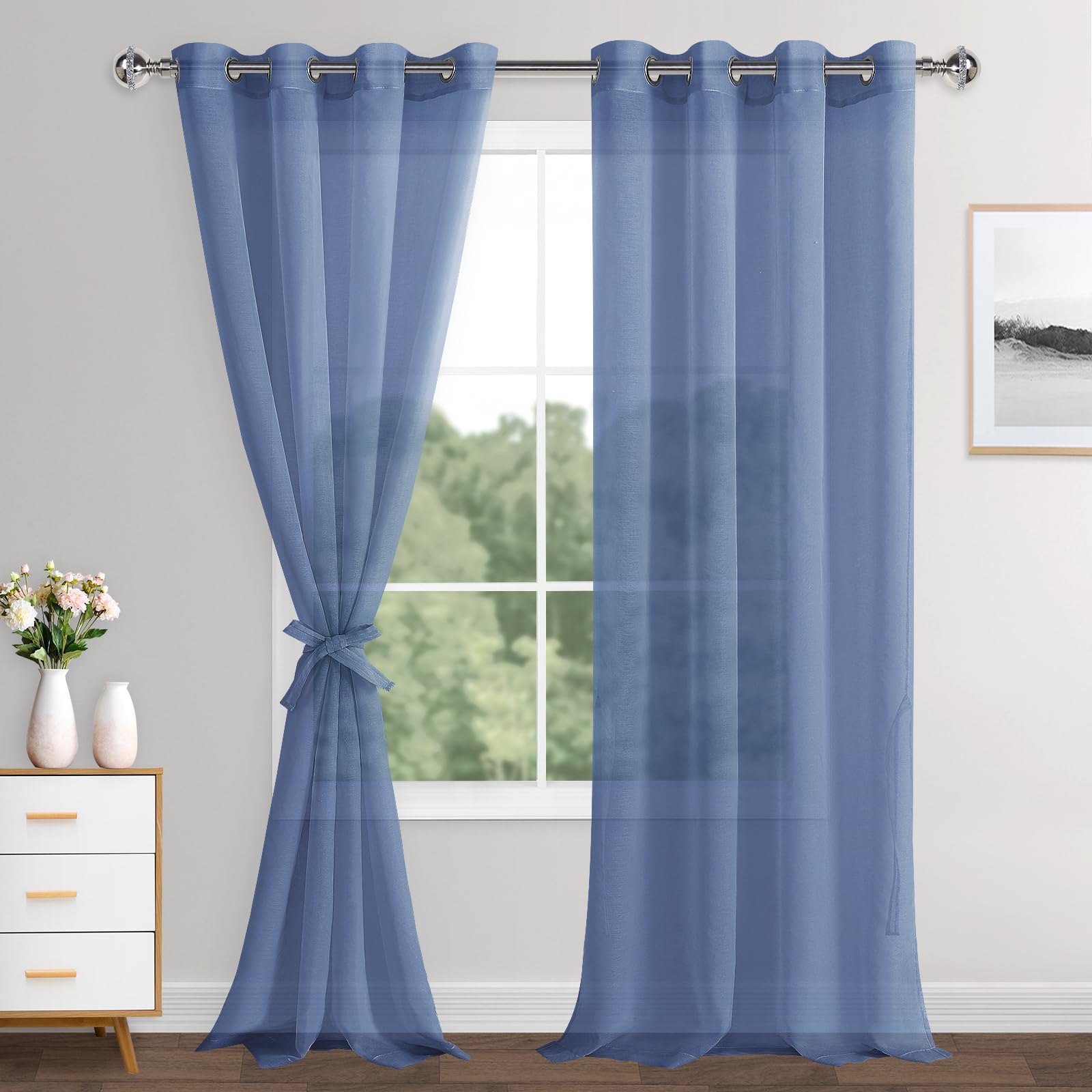 XWZO Linen Look Voile Curtains Haze Blue,Grommet Top Semi Transparent Eyelet Sheer Drapes for Living Room,Kids Room,W55*L102,2 Panels