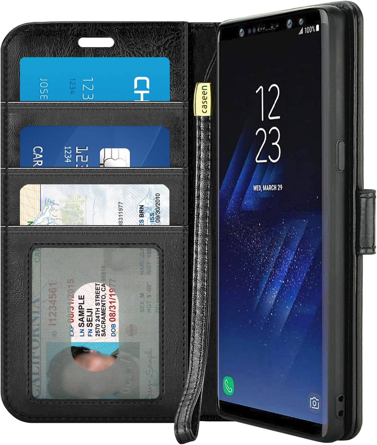 caseen Ciro Leather Slim TPU Folio Wristlet w/Stand. ID Pocket, Flip Cover (Black, Galaxy S8 Plus)
